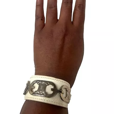 CELINE White Leather & Silver Logo Bracelet #1288 • $195
