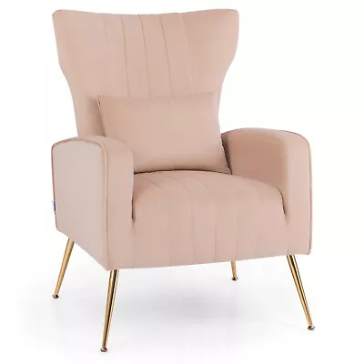 Velvet Upholstered Wingback Chair W/ Lumbar Pillow & Golden Metal Legs • $169.99