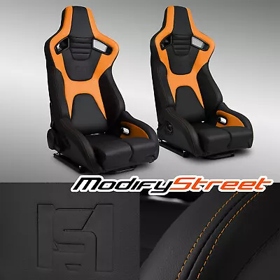 Black+Orange PVC Reclinable Sport Racing Seats Pair W/Slider Left/Right • $419.98