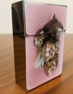 Kittens In Bows Theme Metallic Silver Flip Top 100'S Cigarette Case Smoking Pink • $13.95