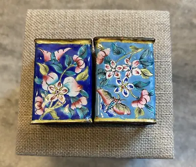 Antique Vintage Chinese Cloisonné Enamel Brass Matchbox Holder Flowers Pair • $20