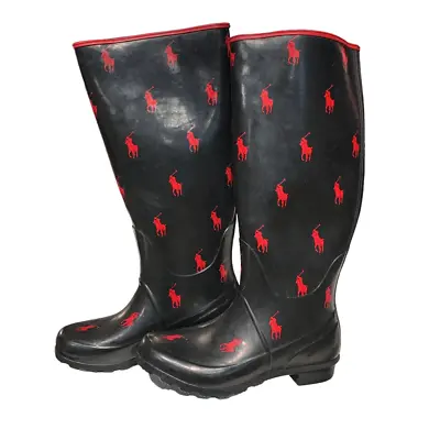 Polo Ralph Lauren Knee-High Rubber Wellies Rainboots Black Red Women Size 6.5 • £52.25