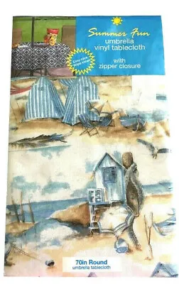 Coastal Beach Vinyl Umbrella Tablecloth With Zipper Closure Beach Summer 70 Rd • $21.50