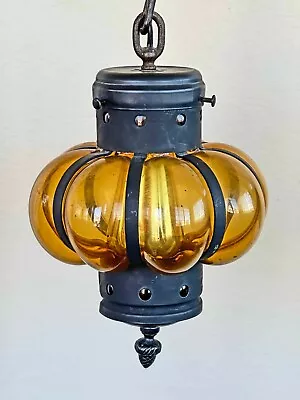 Vintage Caged Amber Pumpkin Bubble Glass Lantern Pendant Light Moroccan Style • $165