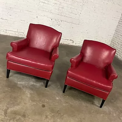 1940’s Traditional Club Chairs Original Red Faux Leather & Wood Legs A Pair • $2995