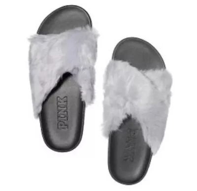 Victorias Secret PINK Crisscross Slides Sandal Faux Fur Moonray Gray L 9-10 NIP • $24.95