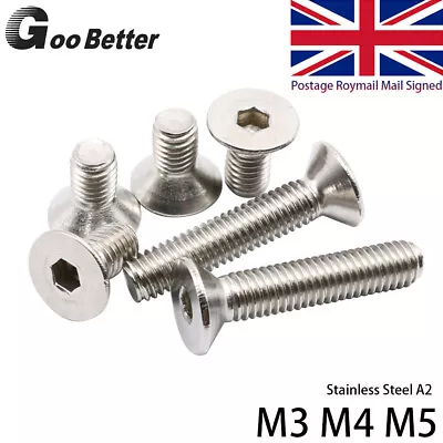 M3 M4 M5 Countersunk Bolt Allen Key Socket Screws A2 304 Stainless Steel UK • £0.99