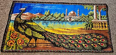 Vintage Tapestry 1970s Wall Hanging Peacock 39x54 Inches Made In Lebanon • $42