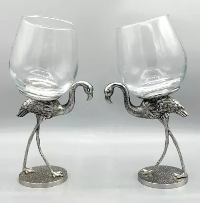 2 Vintage Wine Glass Metal Stem Base FLAMINGO Water Goblet Bird 16 Oz 9.5  Tall • $34.99