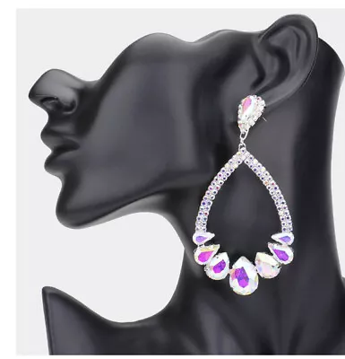 3.6” Big Long Silver Aurora Borealis AB Austrian Clear Crystal Pageant Earrings • $16