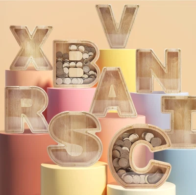 Wooden Letter Piggy Bank Saving Money Coin Box Alphabet Storage Tank Kid Gifts • $10.99