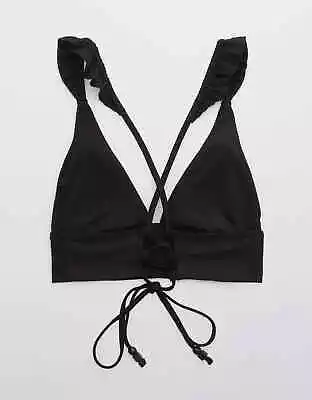 Aerie Women's Ruffle Tie Longline Triangle Bikini Top True Black Size M • £14.48