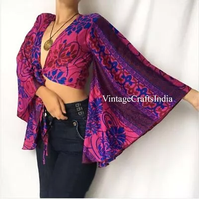 Indian Vintage Silk Sari Bell Sleeve Crop Top Retro 60s Clothing Lot Of 10 Pcs • $200.50