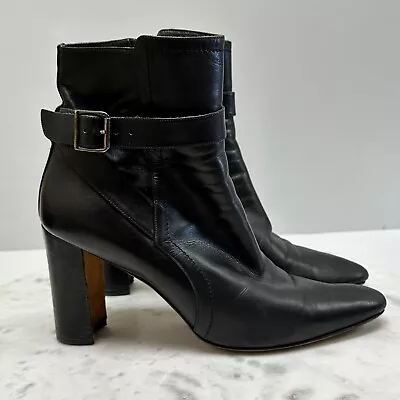 Manolo Blahnik Leather Booties Womens 39.5 9 Black Block Heel Zip Ankle • $115