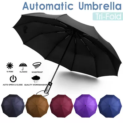 $13.89 • Buy Automatic Folding Umbrella Windproof Auto Open Compact With 10Ribs Fiberglass AU