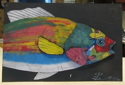 MICHAEL BANKS Outsider FOLK ART PAINTING Rainbow  FISH  24 X 16  ALABAMA • $199.99