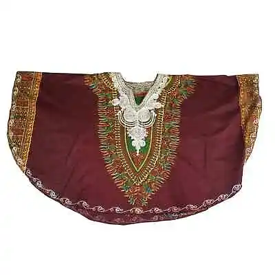 Women's Dashiki Style Tunic Shirt Size Large Brown Emboidered Collar And Cuffs • £38.30