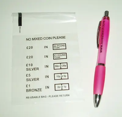 COIN / CASH BAGS X 125 - DENOMINATED -CLEAR PLASTIC RE-USABLE + 1 X FREE PEN NEW • £1.30