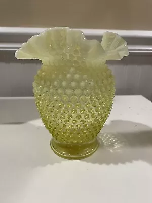 Fenton Topaz Yellow Opalescent Vaseline Hobnail Uranium Glass Ruffled Edge Vase • $48.99