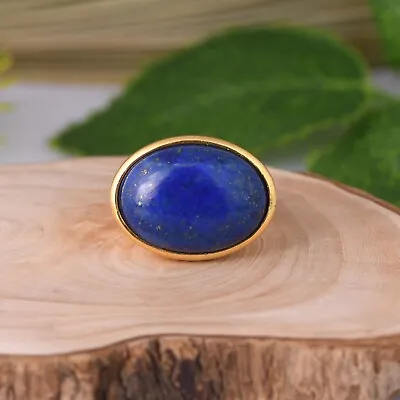 Oval Lapis Lazuli Gemstone 925 Sterling Silver Gold Plated Ring Men's Jewelry • $40.78