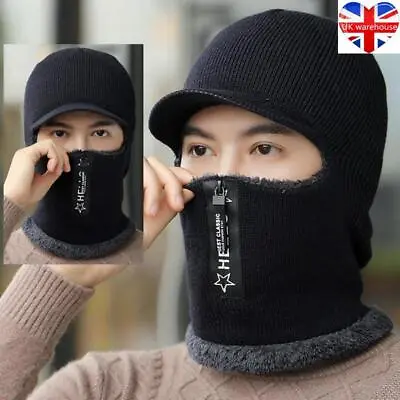 Men Beanie Hat Scarf Set Neck Cover Winter Warm Fleece Knitted Thick Ski Cap • £7.99