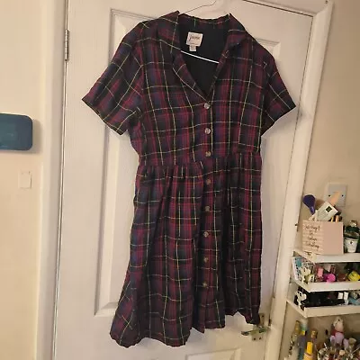 Joanie Flannel Tartan Check Pleated Shirt Dress -Red Blue - Size UK 16 • £14.99