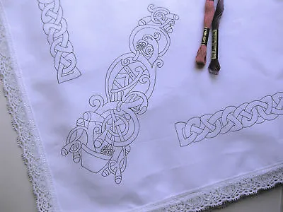 Tablecloth To Embroider Celtic Design With Lace Edge Printed Embroidery CSOOO5 • £20.25