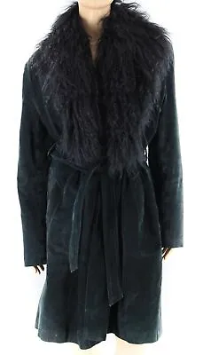 BRANDON THOMAS Vintage 90's Mongolian Fur Collar Leather Belted Coat Size L • $249.99