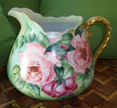 Antique Bavaria Unmarked Hand Painted Cider Pitcher Jug Vase Roses & Gold 7x8  • £124.38