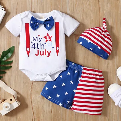 NEW 1st 4th Of July Bodysuit Shorts & Hat Baby Boys Outfit Set • $10.99