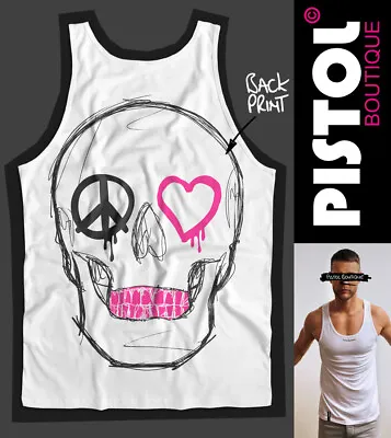 Pistol Boutique Men's White PEACE HEART EYES SKULL Back Print Vest Singlet Tank • £25.19