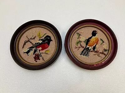 Vintage NEEDLEPOINT WALL ART PAIR Birds Framed Mid Century Modern Round Wall Art • $39.99