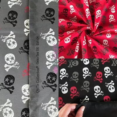 French Terry Cotton Lycra Jersey 4 Way Stretch Oeko-Tex 100% Fabric- Skulls • £10.99