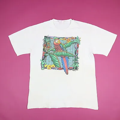 Vintage 90s Jungle Nature Macaw Bird Art Tee T-Shirt Single Stitch Hanes L • $33.24