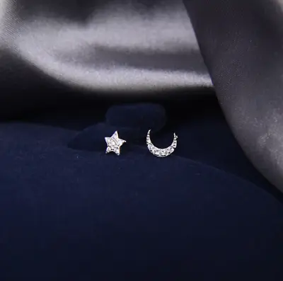 925 Sterling Silver Gold Moon Star Asymmetric CZ Stud Earrings Gift Box PE53 • $9.95