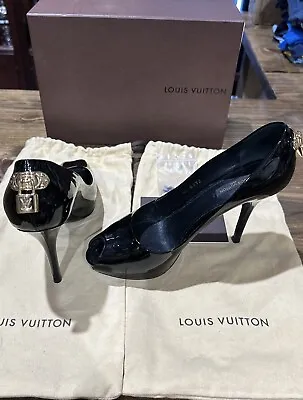 LOUIS VUITTON Padlock Vernis Black Patent Leather Oh Really Platform Pumps 38 • £337.79