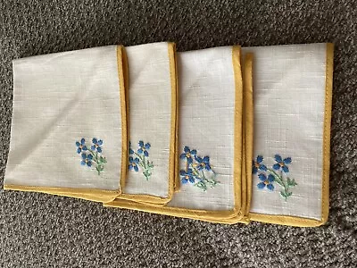 Vintage Linen  Napkins Hand Embroidered Flowers Beige Trimmed In Yellow Set Of 4 • $9