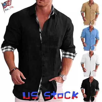 Mens Cotton Button Long Sleeve Shirt Tops Work Office Slim Fit T-Shirt Blouse US • $20.39