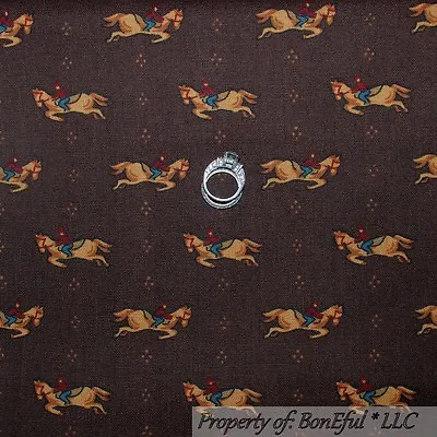 BonEful Fabric FQ Cotton Decor VTG Brown Hunt Club Horse Equestrian Jockey Rider • £24.11