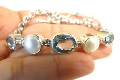 Blue Topaz White Mabe Pearl 925 Tennis Sterling Silver Chain Toggle Bracelet • $139