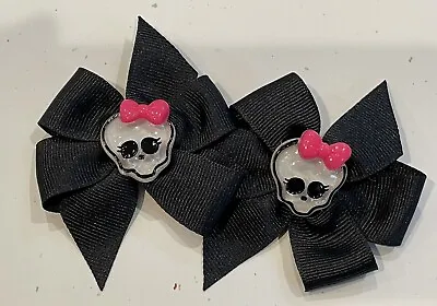 2 Monster High Skullette Head Face Handmade Girls Hair Clip Barrette Black Bow • $5.89