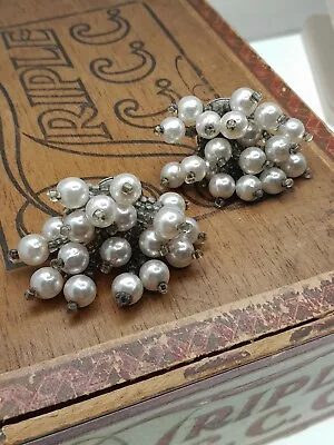 Vtg 1960s Faux Pearl & Seed Bead Chandelier Bridal Earrings Clips- Buy3ShipFree • $6.50