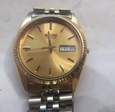 Vintage SEIKO Men's Gold Tone Gold Dial Day Date 36mm Fluted Bezel Watch • $39.99