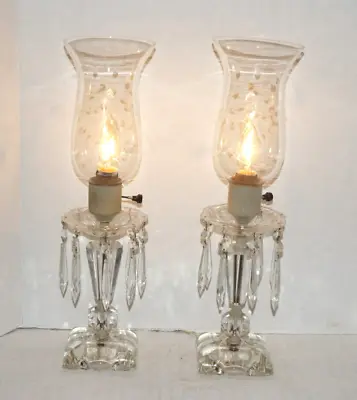 2 Vintage Crystal Glass Etch Hurricane Shade Electric Table Lamps Crystal Prisms • $74.99