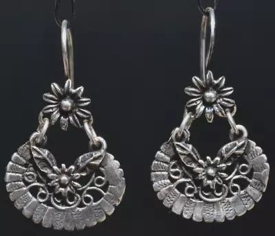 Mexican Taxco Jewelry Sterling Silver Hoops Flowers Earrings - Frida Kahlo Style • $50.39