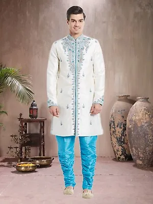 Sherwani Wedding Indian Kurta White Silk Embroidered Men's Traditional Pajama • $67.20