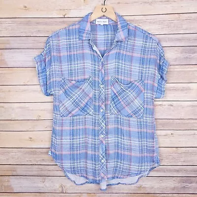 Bella Dahl Top Short Sleeve Button Front Pink Blue Plaid Womens Size Xsmall • $24