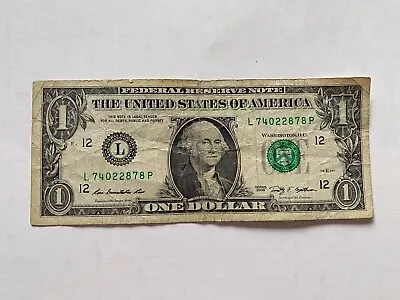 One Dollar Bill Serial Number L 08790056 N $1 Note US Real Money 2009 Notes USA • $12.99