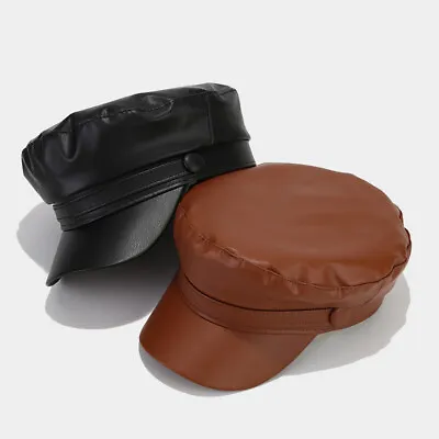 Men Women Newsboy Cap Biker PU Leather Beret Cabbie Painter Hat Flat Gatsby • £6.47