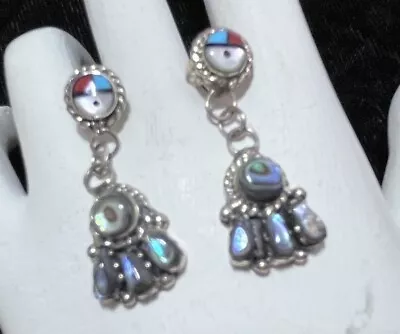 Navajo Sterling Turquoise Coral And Abalone Sunface Kachina Earrings #734 SIGNED • $56